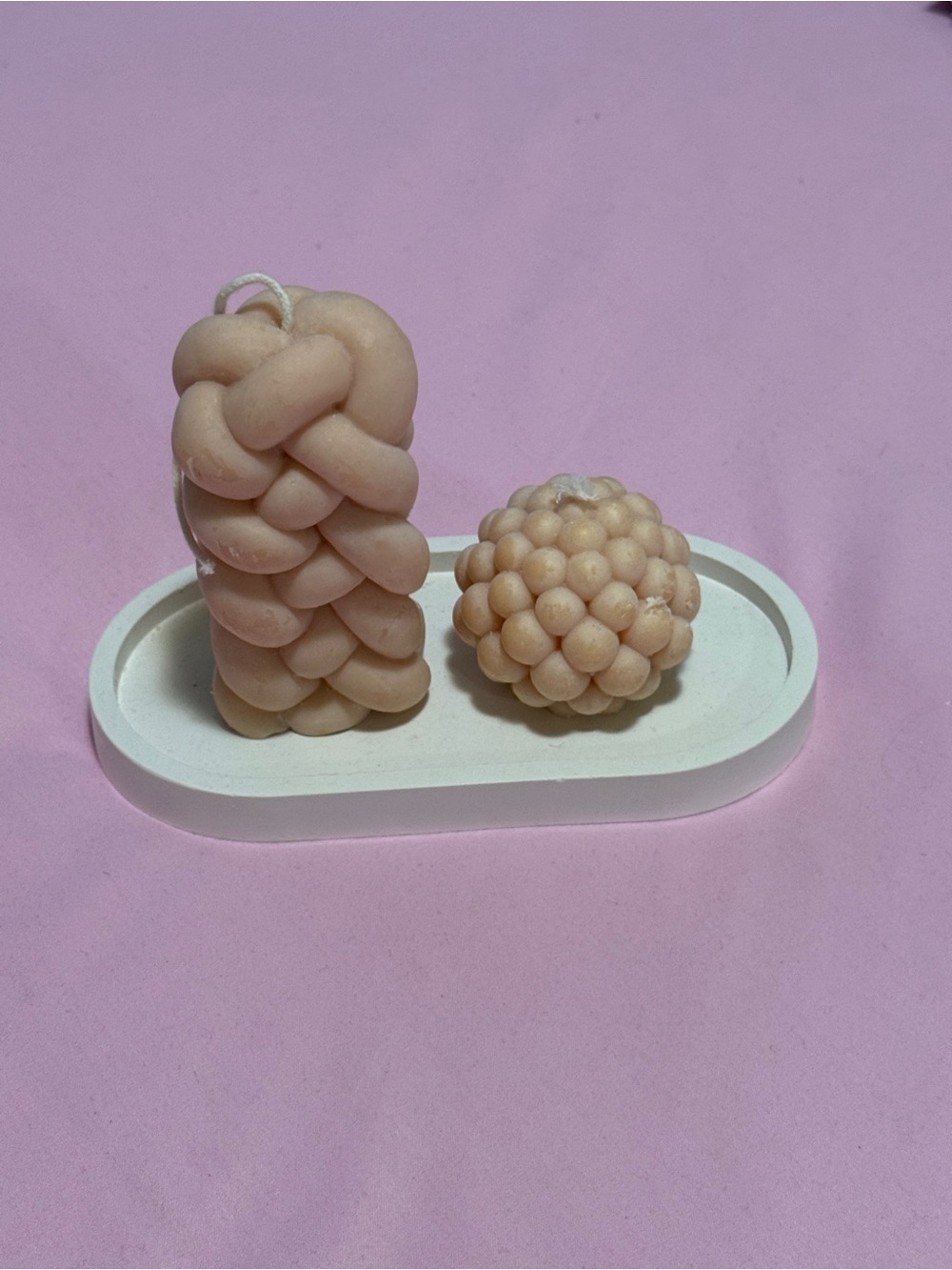 Sculptural & Decorative Peach Braided Candles and Tray